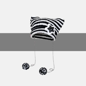 Cat Ear Stripe Knit Hat Protective Warm Winter Fashion Pullover Cap for Women Autumn Daily Outdoor Wear