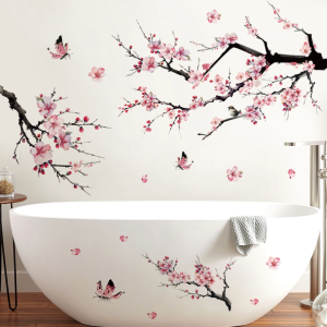 Decal Dán Tường Cành Hoa Đào Bướm Hồng Có Keo Sẵn 120x85cm - Trang Trí Phòng Khách Và Phòng Ngủ