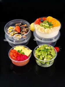 ชามพลาสติกแบบใช้แล้วทิ้งหนาพิเศษ เกรดสำหรับอาหาร พร้อมฝาปิด สำหรับใส่ไอศกรีมผง 600 มล โลโก้ปรับแต่งได้ กล่องสลัดผลไม้ 500 มล กล่องข้าวกลางวัน