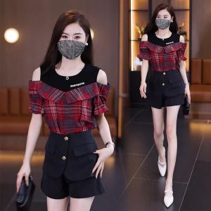 Plus Size Stylish Niche Style Retro Short Sleeve Plaid Shirt Female Summer Fat Sister Fake Two-Piece Patchwork Cold-Shoulder Tops