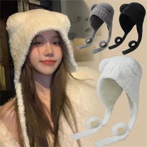 ILOVEDIY Cute Bear Ear Wool Hat Winter Beanies Warm Lace-up Ear Protection Knitted Bomber Cap Bonnets Knitting Korea Women