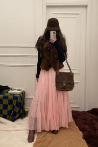 Nabi Heavy Industry Pink Skirt Womens High Waist A- line Pleated Large Skirt Fairy Holiday Skirt Ins Versatile Midi Skirt