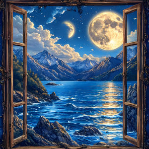 Huacan Diamond Painting Seaside Mountain Moon Diamond Mosaic Landscape Complete Kit Decorative Paintings