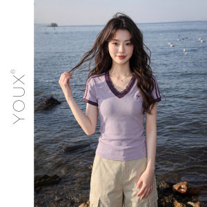 YOUXIANG | Áo Thun Slim V-Neck Tay Ngắn Viền Ren Tím