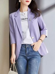 Slim Fit Casual Lightweight Three Quarter Sleeve Purple Womens Blazer Jacket Thin Design Spring Commute Style Polyester Fabric