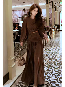 Spring 2025 Womens Slim Fit Long Dress Elegant Folded Design Wrap around Waist Mini A-Line Skirt Long Sleeve round Neck Dress