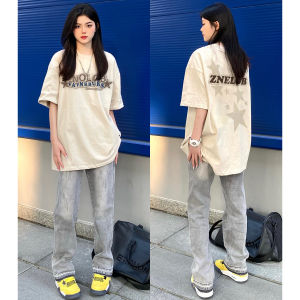 Creative Star Print Cotton T-Shirt Short Sleeve for Women Loose Fit Mid Length Long Length Summer Work Clothing Crewneck