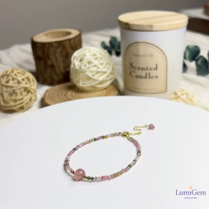 LumiGem Wishberry Natural Crystal Bracelet – Strawberry Quartz Faceted Tourmaline & Chain Accent