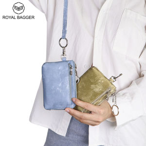 Royal Bagger Mini Leather Coin Purse with Keychain Multi Zipper Hanging Neck Clutch Wallet Portable Wristlet Card Holder 1736