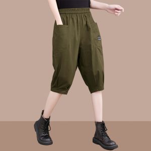 Summer New Arrival Thin Large Pocket Labeling Knee Pants Pure Color Casual Loose Slimming Thin Middle-Aged Ladieswear Pants