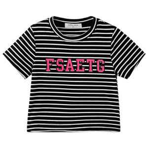 Girls Slim Fit Short Sleeve T-Shirt Letter Stripe Pattern Elastic Bottom Casual Summer Wear Childrens Fashion Basic Top