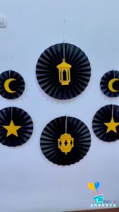 Paperfan Ramadhan Hitam Gold / Paper Fan bunga kipas Dekorasi Hiasan Ramadhan Lebaran Idul Fitri