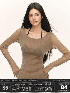 Ariseism American Retro Rhinestone Thin Micro Permeability Long Sleeve T-Shirt Womens Autumn New Slim Fit Top Street Style Pure Color Nylon Fiber