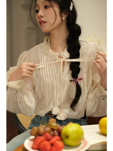 Handmade Rose Flower Tie Shirt Collar Womens French Design Versatile Small Audience Top Yixiao Xiao 2024 Spring Long Sleeve V-neck