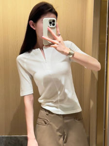 BINKAFENNY | French Style White Zipper V-Neck Short Sleeve T-Shirt Women Summer Slim Fit Design Mid Sleeve Top Half Zipper Fashionable Casual Wear