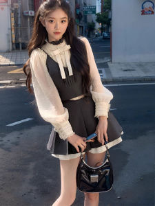 Early Autumn Classic Style Fashionable Sling Vest Pleated Skirt Three-Piece Suit Lace Bows Shirt Elegant Socialite Suit
