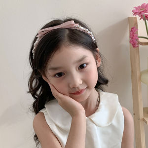 Sweet Matcha Green Butterfly Knot Hairband with Rhinestone Ribbon in Beige Versatile Childrens Headwear by Magic Baby