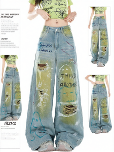 MZVZ | Retro American Casual Loose Baggy Ripped Denim Jeans