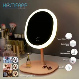LED Makeup Mirror Touch Screen 3 Tone LED Light Rechargeable Adjustable Rotation Vanity Storage Tray Organiser