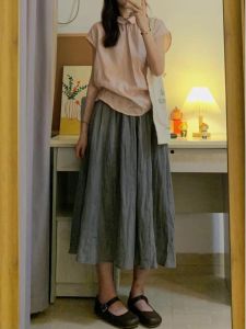 Japanese Style Loose Cotton Linen Linen Skirt Female Summer New Gray Texture A- Line Large Skirt Elegant Dress