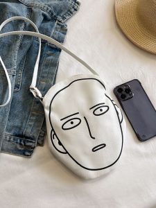 Cartoon Expressionless Character Bag One Punch Man Japanese Style Crossbody Bag Soft Handle Printed Canvas round Small Bag