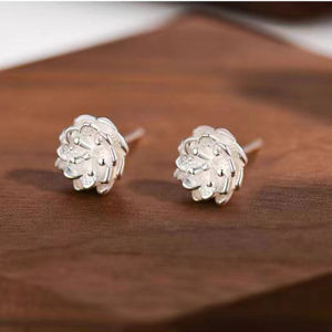 S925 Silver Niche Style Retro Lotus Screw Earrings Womens Sterling Silver Square round Face Anti-Allergy Pierced-Ear-Caring Ear Studs Earrings
