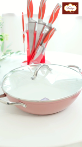 Vantage Iki Rose Gold 32cm Wok with Induction Heat with Pink Spatula