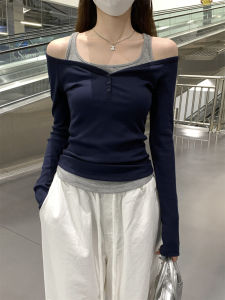 Fall Korean Style Color Block Slimming Shoulder Bared Long Sleeve T-Shirt Womens Top Commute Friendly Breathable Skin-Friendly