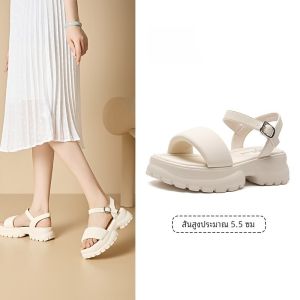 รองเท้าแตะส้นเตี้ยหนัง PU สำหรับผู้หญิง สไตล์สตรีท ฤดูร้อน 2024 รองเท้าแตะส้นเตี้ยแบบหัวเข็มขัด ทรงหัวมน ส้นสูง 5-8 ซม.