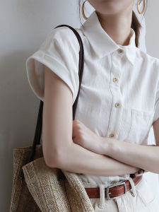 Warmo Simple Ear Sleeve Design Summer New White Shirt Womens Top Breathable Comfortable Short Sleeve Polo Neck Loose Fit