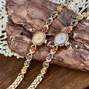 Exquisite ladies watch with oval gemstone and diamond inlay compact vintage rainbow womens watch