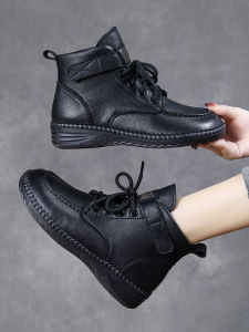 Womens Shoes Winter Fleece Lining First Layer Cowhide Leather Boots Womens Soft Bottom Womens Autumn Single Leather Boots Short Womens Boots