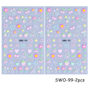 2pcs Summer Sweet Nail Stickers 3D Cute Flowers Heart Cherry Bow Strawberry Colorful Nail Decals Sliders DIY Manicure Decoration