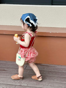 Cute Cherry Plaid Summer Outfit Baby Girl Clothes Three-Piece Set Thin Strap Suit Baby Bottom Cover Korean Style Childrens Clothing