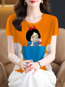 High-End round Neck Printed Womens T-shirt Summer Anti-Aging Short Sleeve Belly Covering Fashionable Korean Loose Fit T-shirt