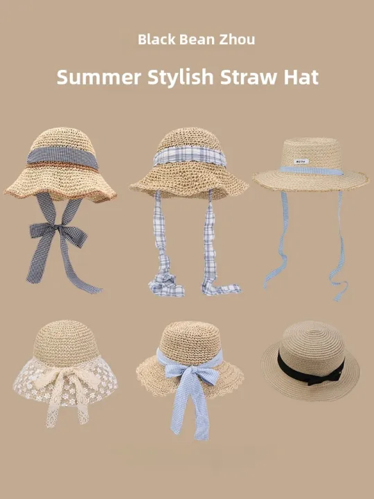 Sweet%20Lace%20Straw%20Women%20Handwoven%20Summer%20Sun%20Protection%20Travel%20Large%20Brim%20Beach%20Sunshade%20Hat%20Casual%20Style%20round%20Top%20-%20Image%202