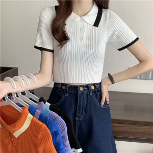 Short Top Womens Tight Summer Thin Knitted Short-sleeved T-shirt Navel High Waist