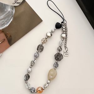 Ins Short Phone Chain Black White Retro Lanyard Universal Phone Case Pendant Amber Upgrade Version Anti-Fall Versatile Beads Tea Rose Wrist Hanging Chain