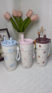 LINBAI Flask (500ML) Insulated Tumbler with Straw Ceramic Liner Sippy Vacuum Water Bottle Double Wall Leakproof Mugs