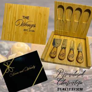 PREMIUM GIFT Personalized Gift Engrave Bamboo Board Charcuterie Platter Valentines Day Black Slate Round Cheese Tags Cheese Board Cheeseboard Grazing with FREE Honey Stick Birthday Corporate Party Gift Set Cheese and Wine Couple Gifts Mom Dad Giveaways