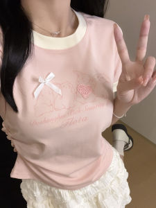 Color Block Butterfly Knot Short Sleeve T-Shirt Womens Summer New Print Slimming Short Style Commute Korean Version Cotton Blend