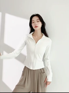 Sports.Styles.id Jaket fitness gym wanita Lengan Panjang Polos Cepat Kering Dengan Resleting Yoga / Gym / Lari/Fitness