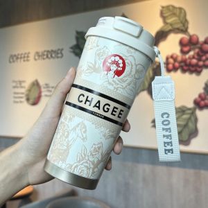 แก้วกาแฟสแตนเลสแบบพกพาพร้อมหลอดดูด คุณภาพสูง ดีไซน์สวยงาม สไตล์จีน กระติกน้ำเก็บความร้อน