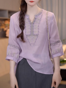 Shalldoer | เสื้อเชิ้ตผู้หญิงคอวีปักลายสไตล์ฝรั่งเศส ทรงหลวม แขนยาว ปกโปโล แฟชั่นฤดูร้อน เสื้อผ้าทำงาน ผ้าฝ้ายผสมโพลีเอสเตอร์