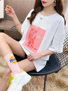 Loose Mid-Length Short-Sleeve T-Shirt Womens Cotton 6535 Large Size Lion Print Lettering Summer New Style Korean Version