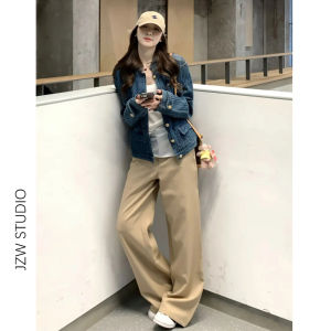 Khaki Casual Pants Floor-Length Loose Wide Leg Pants Straight Cut Trousers for Short Women Autumn Fashion plus Size