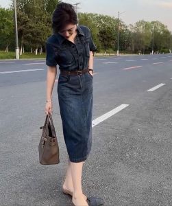Slimming Denim Dress Womens Fashionable Shirt Collar Waist-Cinching Summer New Arrival European Style Short Sleeve Dress