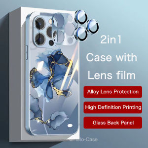 [2in1]iPhone 15 Pro Max Case With Flim Protector 14ProMax 13 Pro Max 12ProMax Metal paint frame glass back panel Marble flower pattern