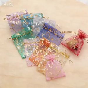 20/50pcs/lot Drawstring Organza Gift Bag Hot Gold Color Heart Print Pouches Wedding Party Candy Jewelry Packing