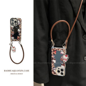 Kt Brown Leopard Print Mirror Edge Phone Case with Shoulder Strap for Apple 16Promax iPhone 15Promax Anti-Fall Makeup Mirror